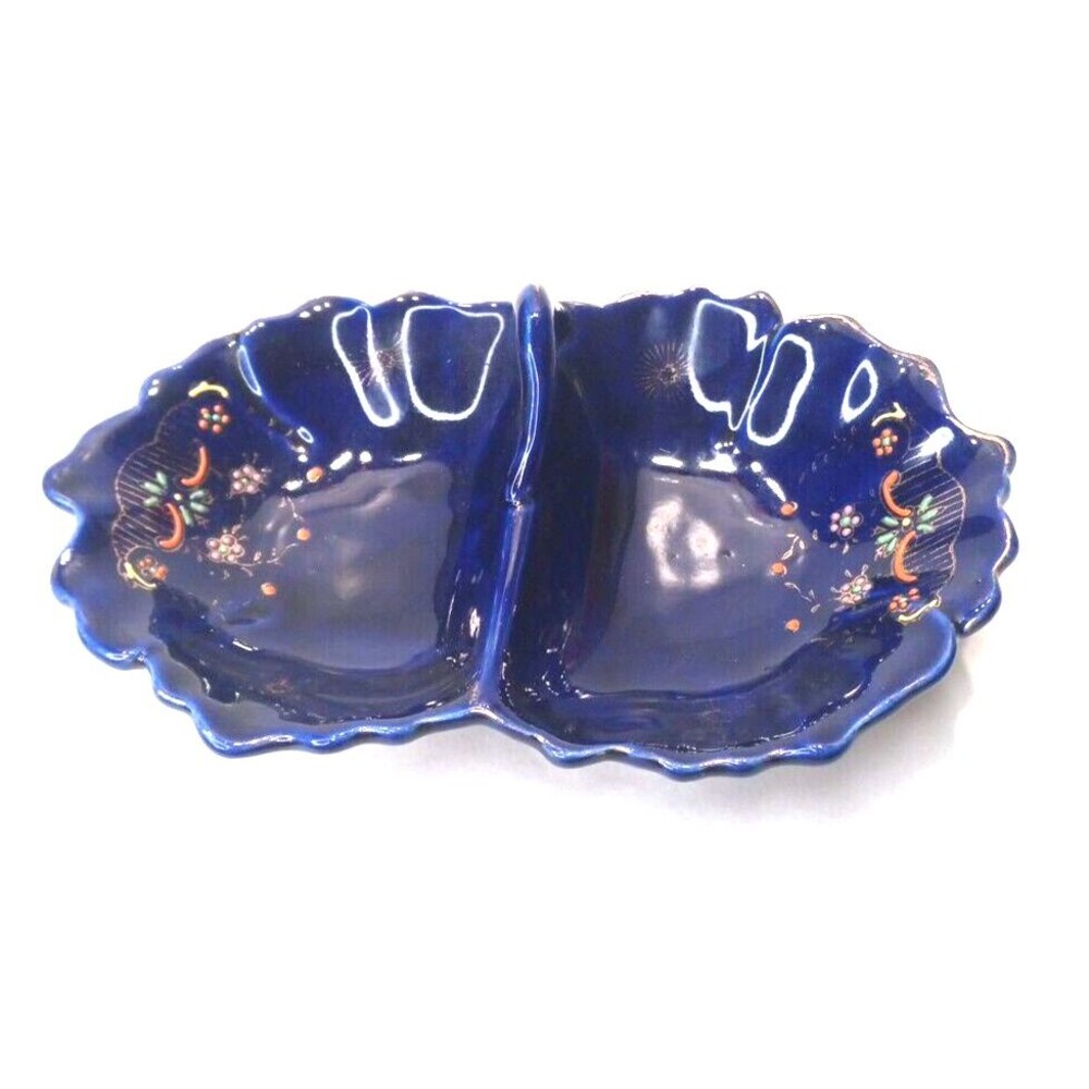 Cobalt Blue Two Sided Relish Dish Hand Painted Vintage Made In Japan